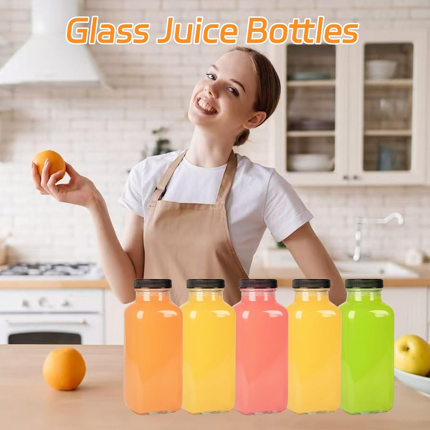 6 Pack 12oz Glass Drink Bottles with Lids, 360ml Vintage Glass Water Bottles with Caps, Reusable Juice Containers Drinking Jars for Juicing, Milk, Ginger, Kombucha, Beverage