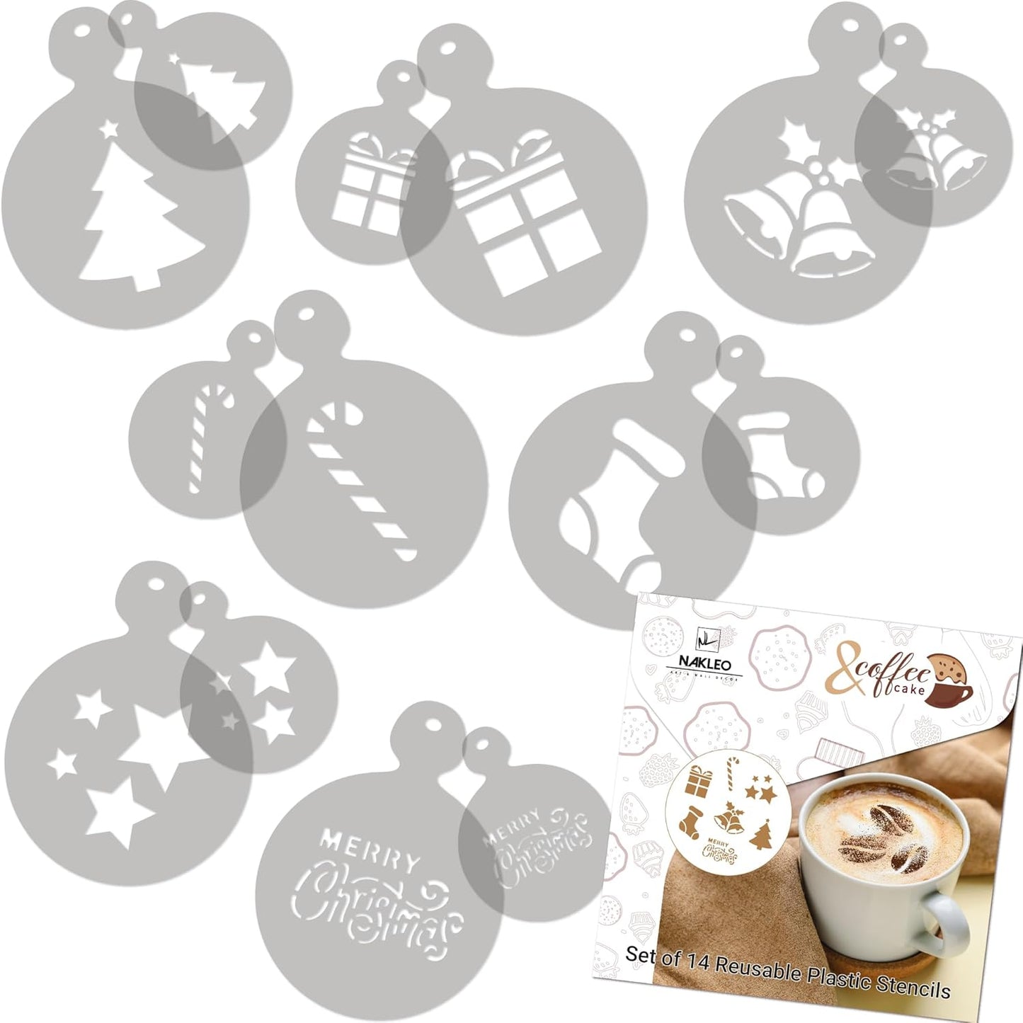 NAKLEO Coffee Stencils and Cookies Decoration 14Pcs 2.8”x2.8” and 4.3”x4.3”, Reusable Plastic Baking Templates, Christmas Winter Holidays, Barista DIY Art Craft, Capuccino Latte Cake Biscuit