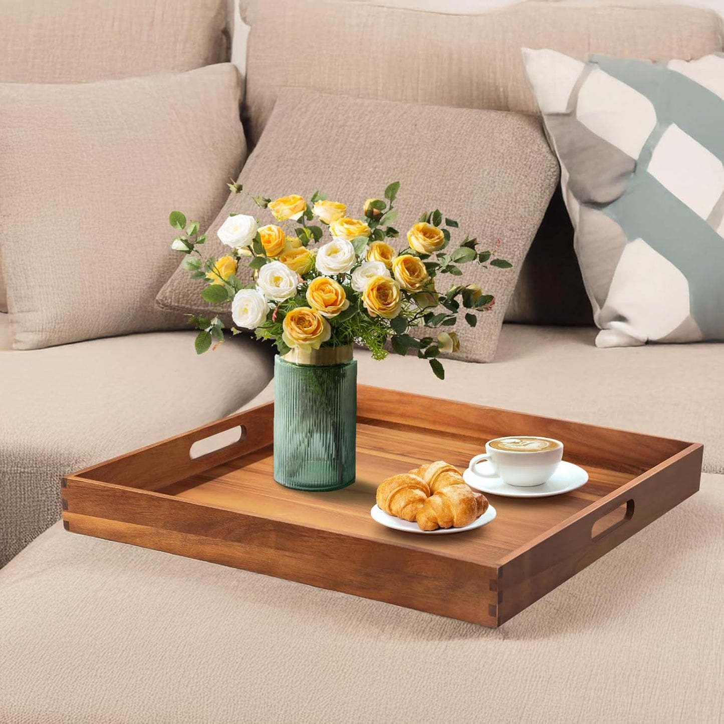 22-INCH Huge Ottoman Tray for for Living Room Large Wood Trays for Ottoman Square Wooden Serving Trays with Handles Decorative Trays for Party, Food Serving, Breakfast, Dinner, Coffee Tea, Appetizers