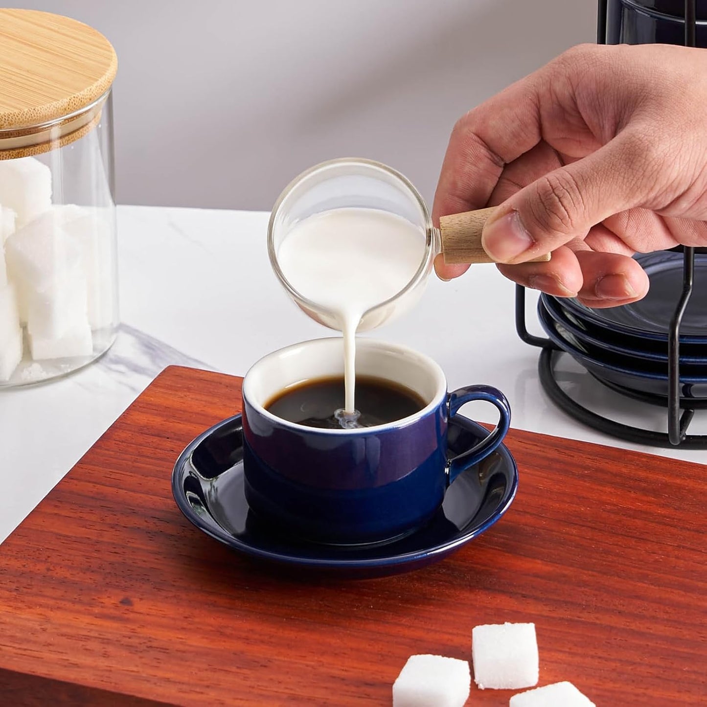 2.5oz Porcelain Stackable Espresso Cups with Saucers and Metal Stand Set of 4, Stackable Cappuccino Cups, Blue Expresso Shots Cup Set for Coffee Drinks, Latte, Tea