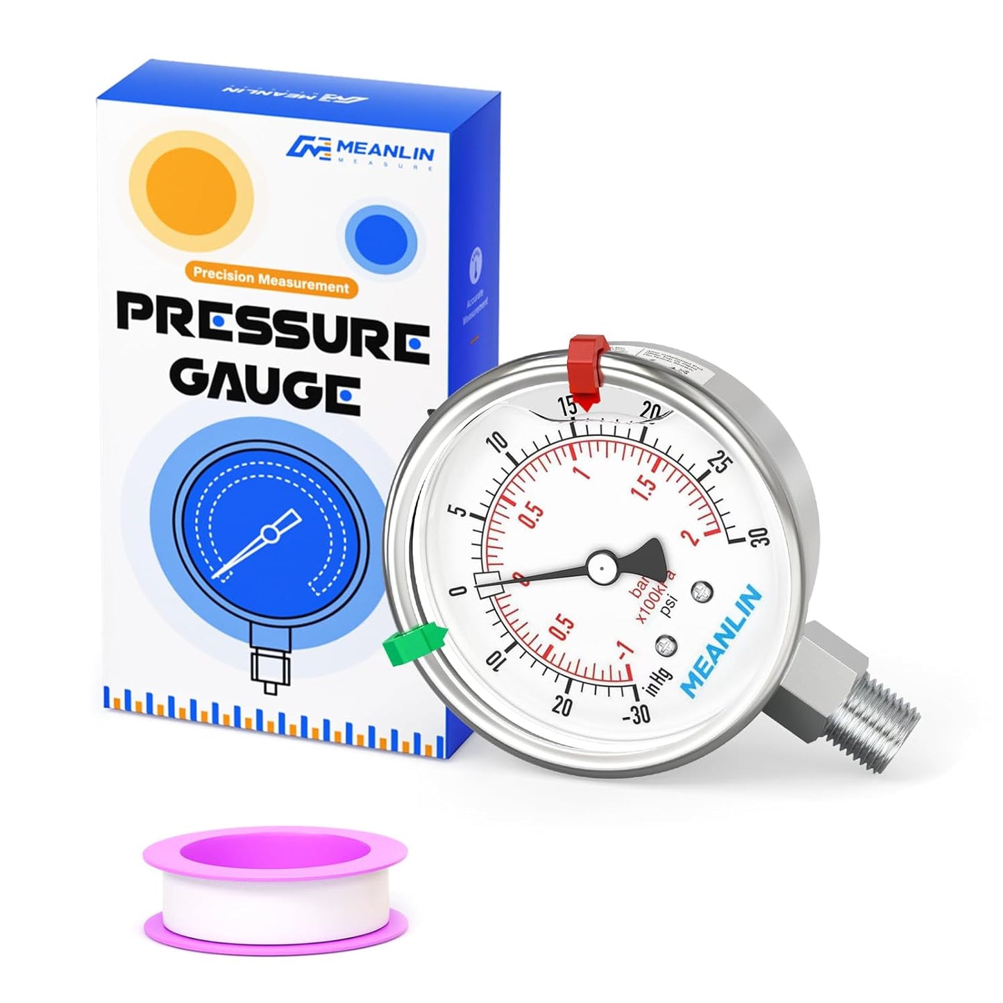 MEANLIN MEASURE -30inHG~30Psi Vacuum Pressure Gauge 316 Stainless Steel Joint 1/4" NPT 2.5" FACE DIAL, Stainless Steel Liquid Filled Pressure Gauge WOG Water Oil Air Lower Mount, 2PCS Snaps