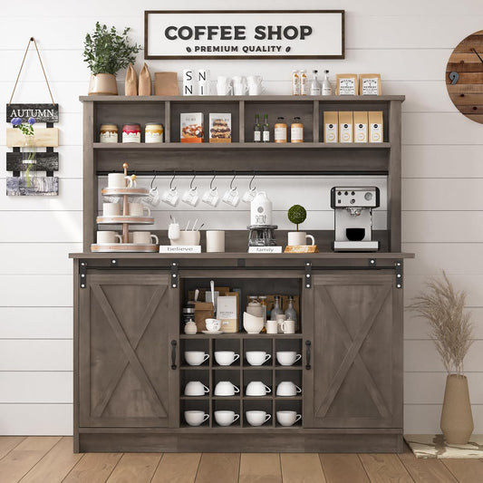 4ever2buy Farmhouse Coffee Bar Cabinet with 4 Storage Hutch, 55”Coffee Bar with Sliding Barn Doors, Hutch Cabinet with 12 Wine Racks & 8 Hooks for Dining Room, Kitchen, Wash Grey