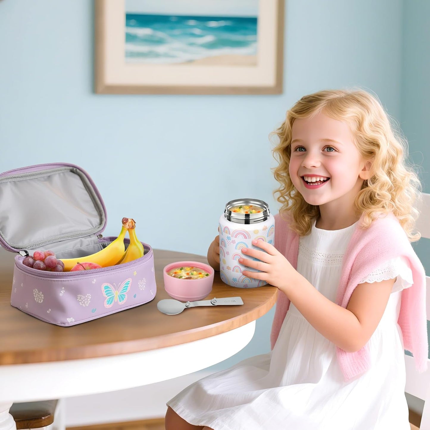 Soup Thermo for Hot Food Kids 16oz Insulated Food Jar Leakproof Thermo Lunch Container for Kids Wide-Mouth Stainless Steel Lunch Box for School with Handle Folding Spoon(3+)