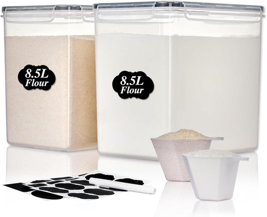 Vtopmart 8.5L 2 Pack Extra Large Flour Sugar Storage Containers for 20lbs flour, Airtight Kitchen Pantry Organization Canisters with Lids for Bulk food, Rice, Baking Supplies, BPA Free, Black