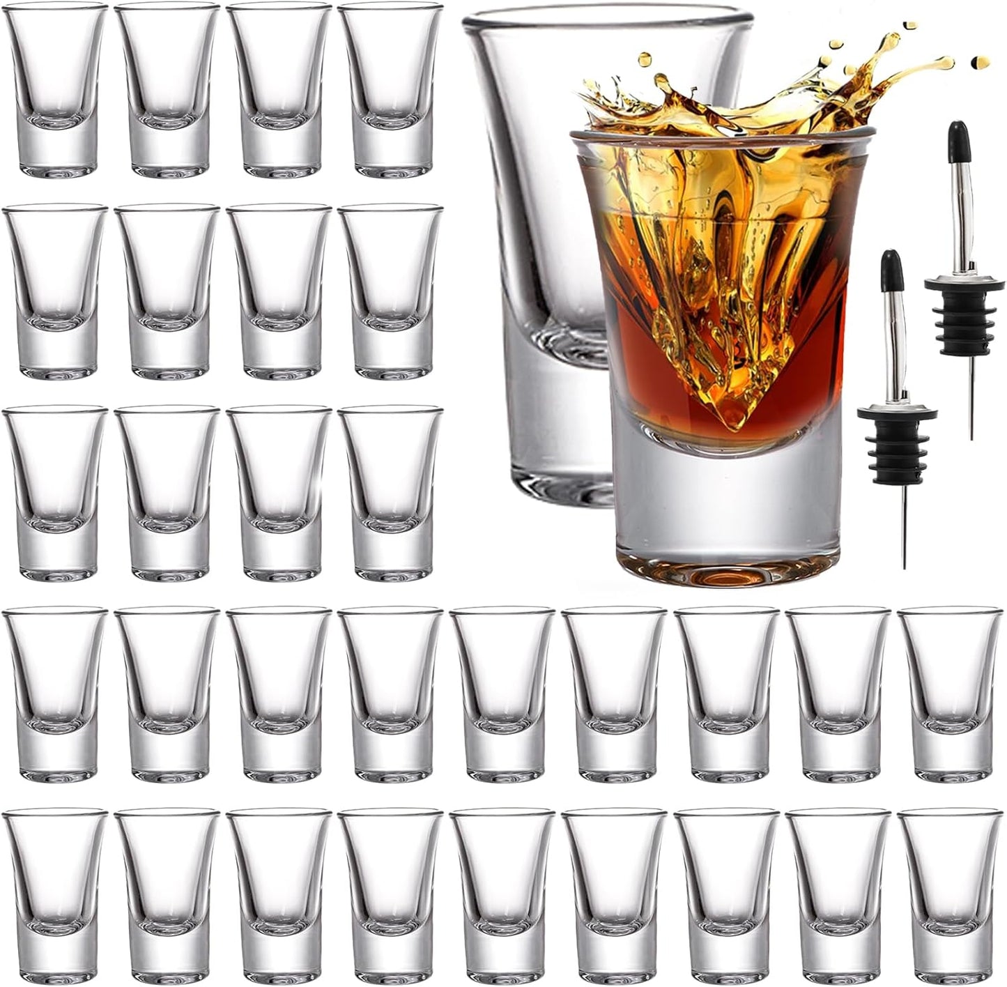 Tebery 30 Pack Shot Glass Bulk Heavy Base, 1.2 Oz Tequila Glass Set with 2 Bottle Pourer, Clear Small Whiskey Shot Glass Cups for Vodka, Liquors, Cocktail, Espressos, Bar