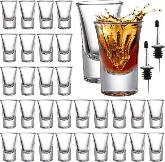 Tebery 30 Pack Shot Glass Bulk Heavy Base, 1.2 Oz Tequila Glass Set with 2 Bottle Pourer, Clear Small Whiskey Shot Glass Cups for Vodka, Liquors, Cocktail, Espressos, Bar