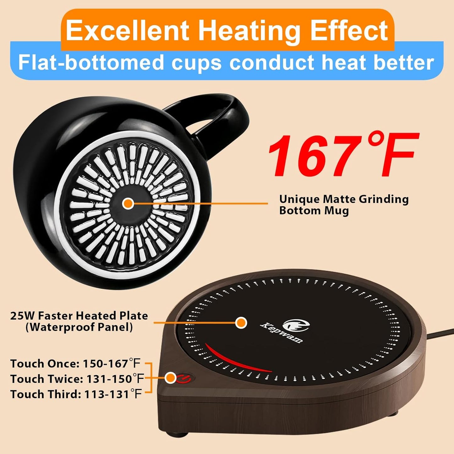 Coffee Mug Warmer & Kepwam Mug Set, 3 Temp Settings up to 167℉, Gravity Sensor & Light Display, Cup Warmer with 6H Auto Shut Off, Idealt Gift for Dad Mom, Beverage Warmer for Heats Coffee, Tea & More