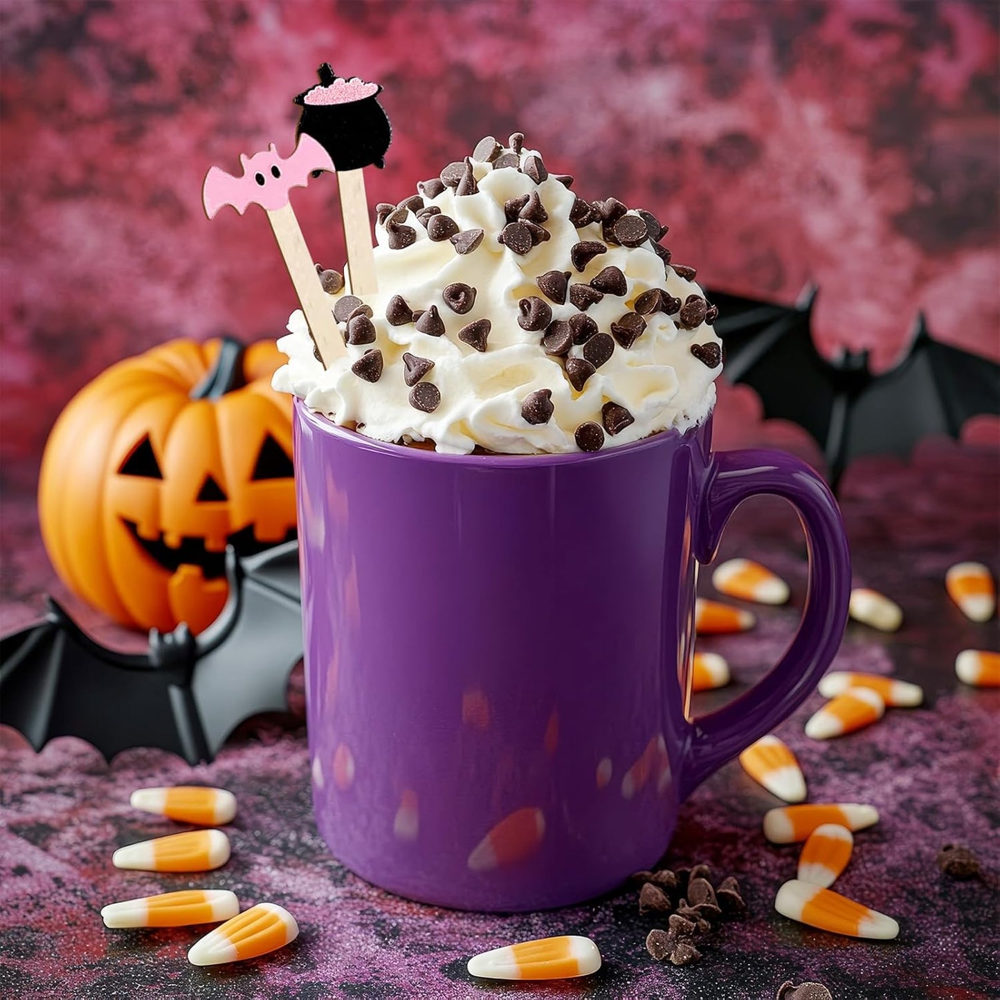 120Pcs Halloween Coffee Stirrers Disposable Pink Black Ghost Bat Cat Pumpkin Stir Sticks Wooden Drink Stirrer for Hot Chocolate Milkshake Restaurant Home Office