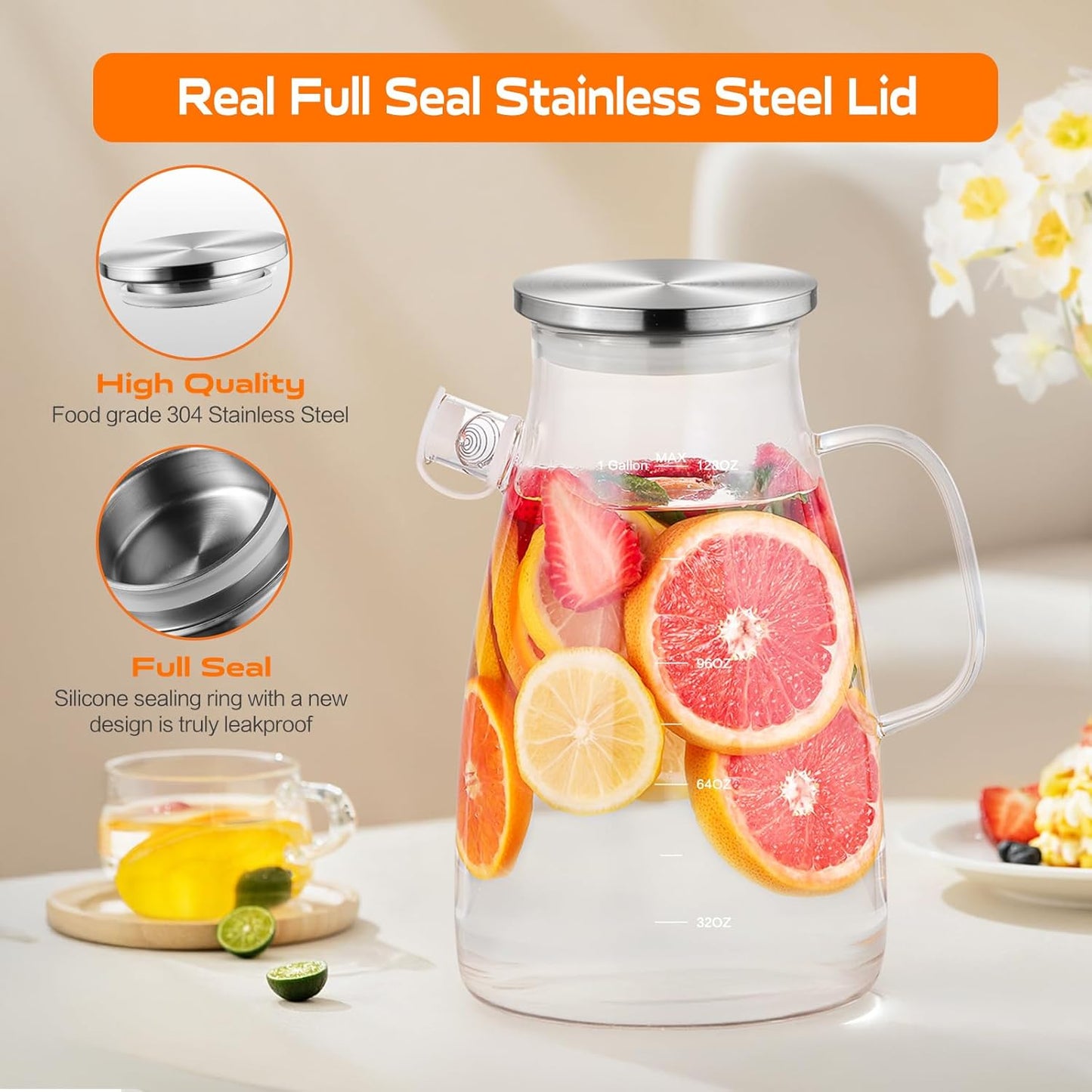 1 Gallon 128oz Glass Pitcher,Water Pitcher with Full Seal Lid and Spout, Glass Carafe for Hot/Cold Drink, Water Jug for Iced Tea, Coffee, Juice, Milk, Beverage