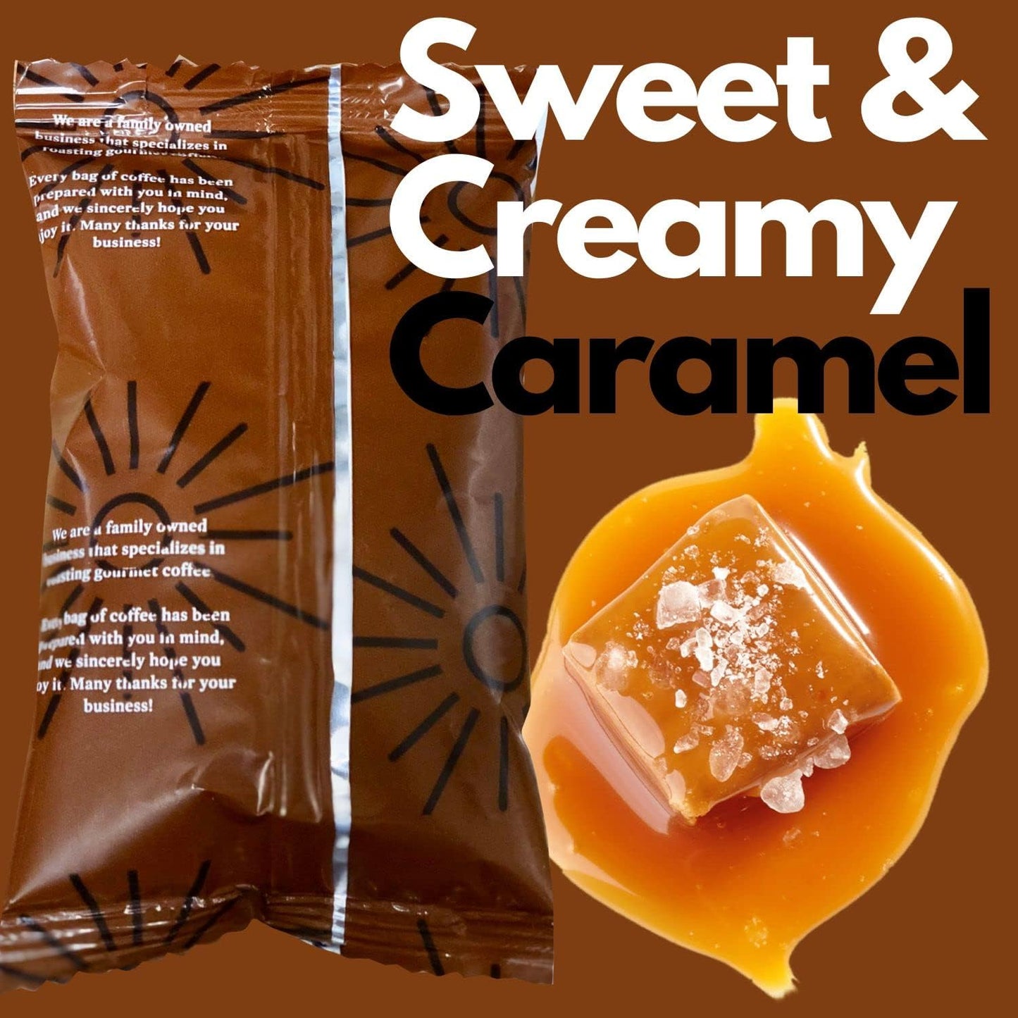 Sarasota Coffee Ground Packets | Gourmet Flavored Medium Roast Bulk Coffee Packs | Salted Caramel | Low Acid Mold Free Singles Individual Pouches for 12 Cup Coffee Maker | 2 Ounce Bags, 36 Count