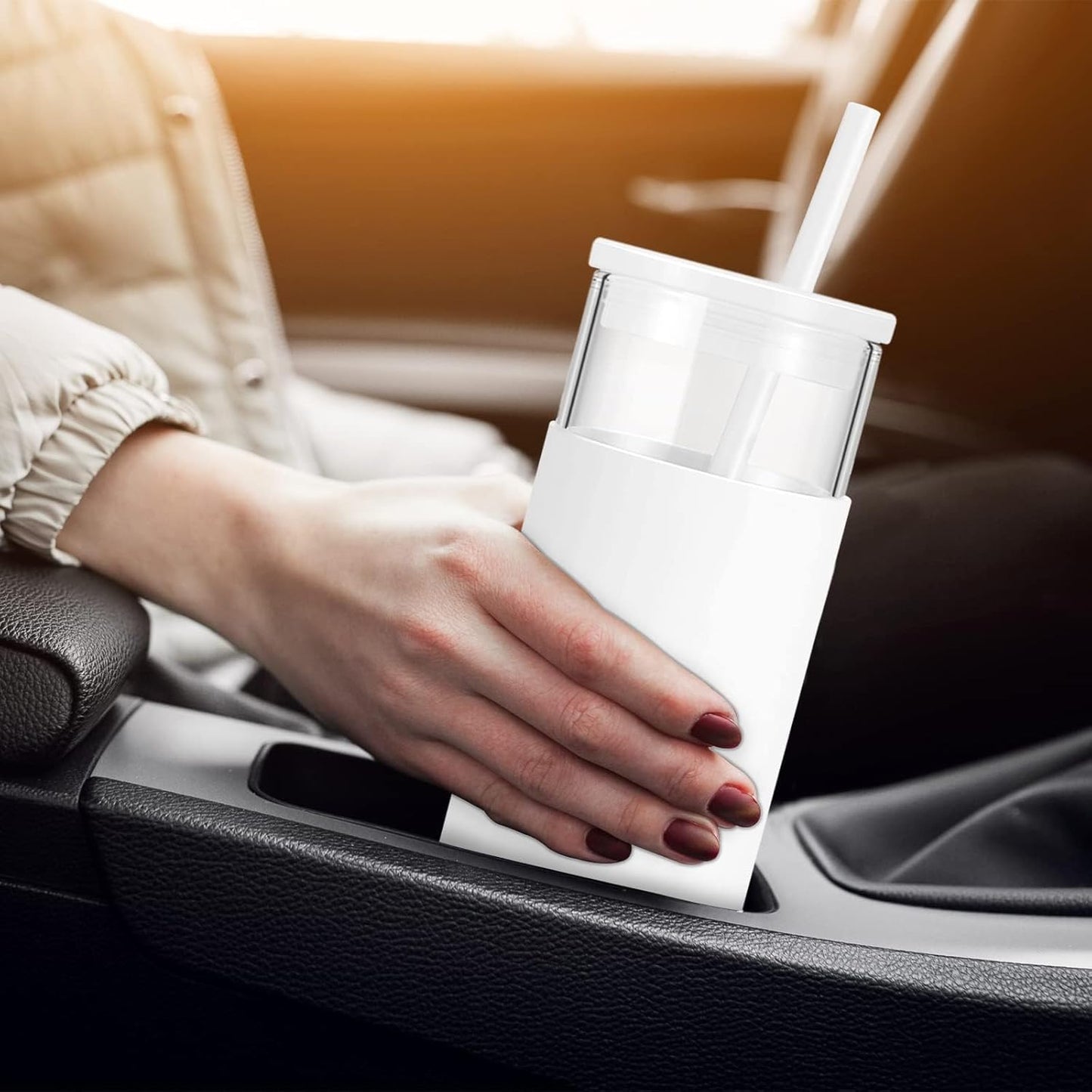 Tronco 20 oz Glass Tumbler With Lids and Straws, Reusable Smoothie Cups With Silicone Lid, Iced Coffee Cup With Silicone Protective Sleeve, Dishwasher Safe- BPA Free（Blackish Green 1 Count）