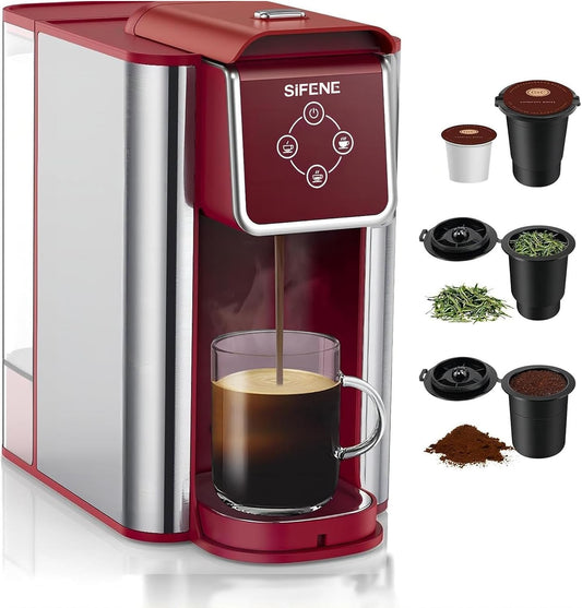 3-in-1 Capsule Coffee Machine - Single Serve Brewer for Coffee Pods, Ground Coffee, & Loose Tea, 6-10oz Brew Sizes, 50oz Removable Tank, 1150W (Red)