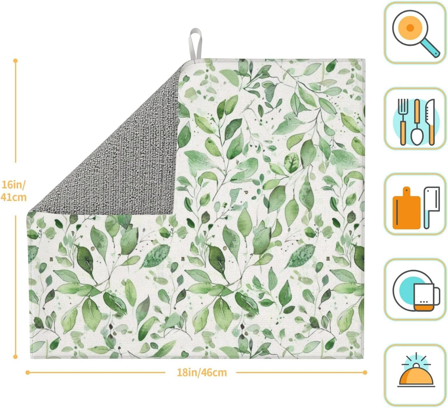 Green Leaves Dish Drying Mat, Highly Absorbent Microfiber Kitchen Counter Pad Reusable Washable, 16*18"