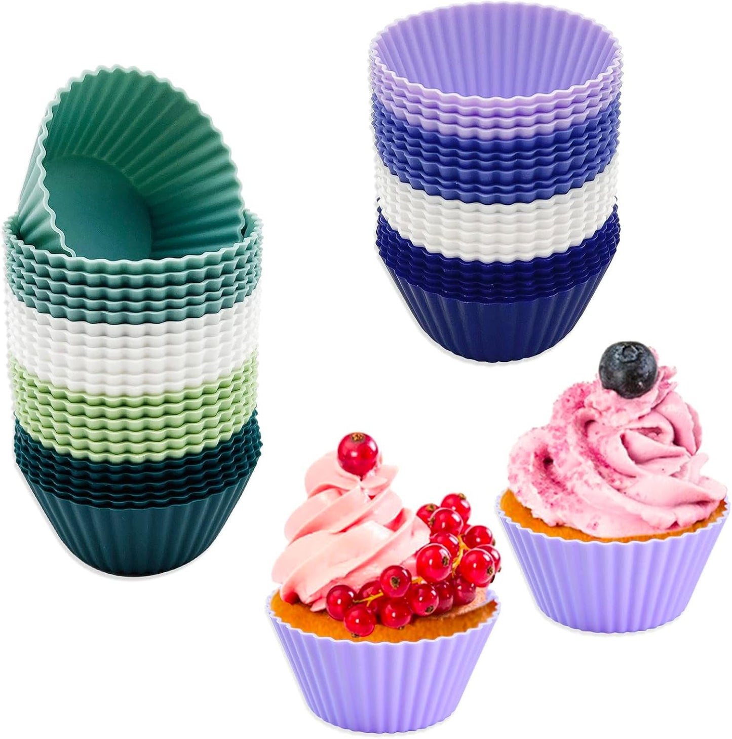48 Pack of Silicone Cupcake Liners, lyfLux Reusable Mini Muffin Baking Cups, Food Grade Silicone for Cooking Eggs, Baking Muffins and Make a Cake (8 Colors 6 Each)