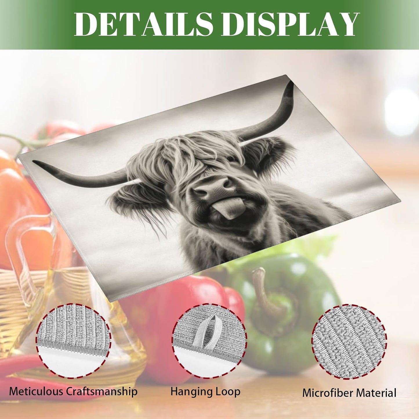 Large Dish Drying Mats For Kitchen Counter Microfiber Kitchen Drying Mat XL Draining Pad Absorbent Quick Drying Dish Mat 18x24 Inch - Cow Face