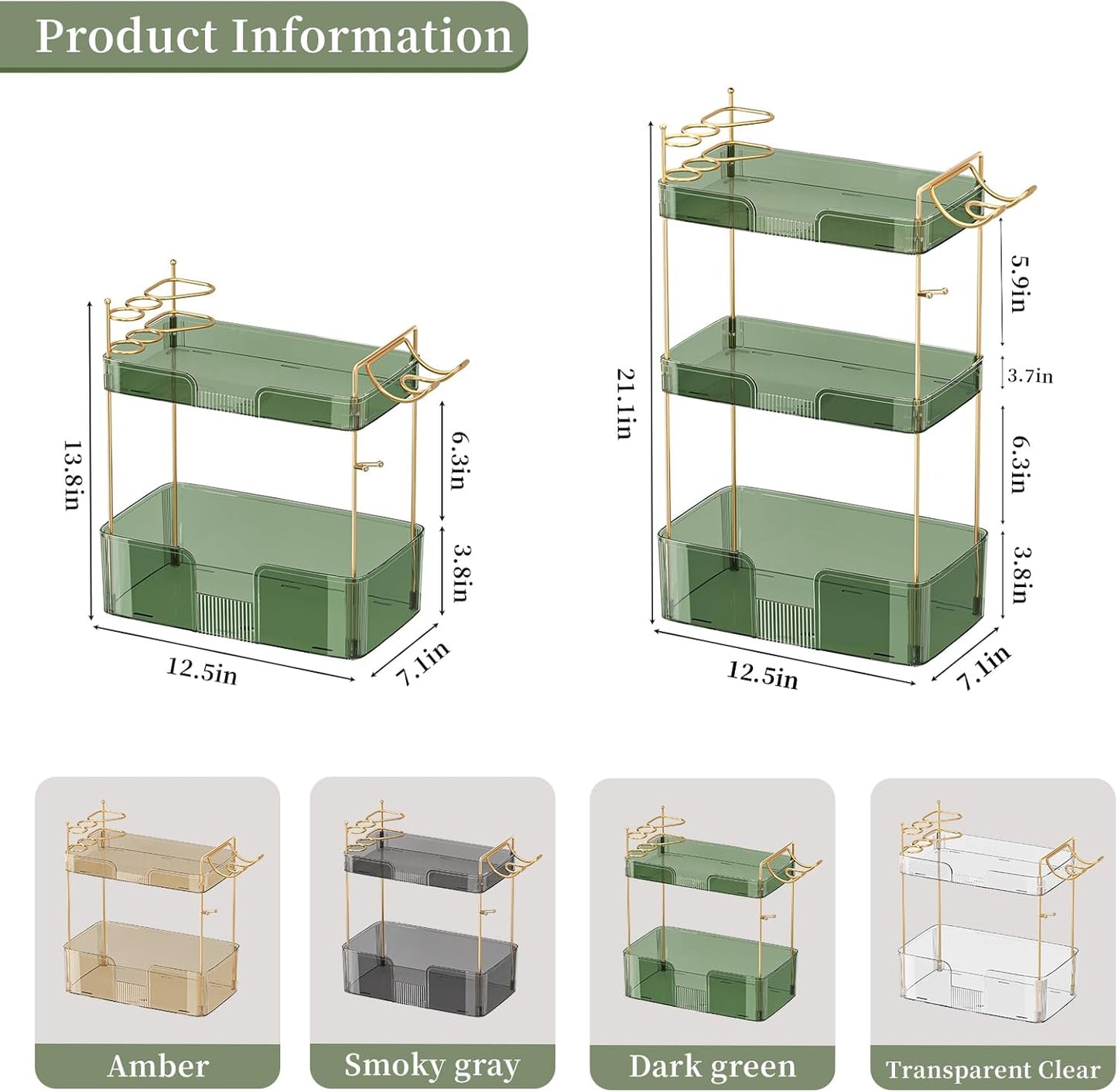 YCIA&DONE Luxury Bathroom Counter Organizer, Large Makeup Organizer Countertop, Shelf Organizer, Vanity Tray, Easily Assemble for Bathroom Organizers and Storage, Undersink, Cabinet, 2 Tiers Green