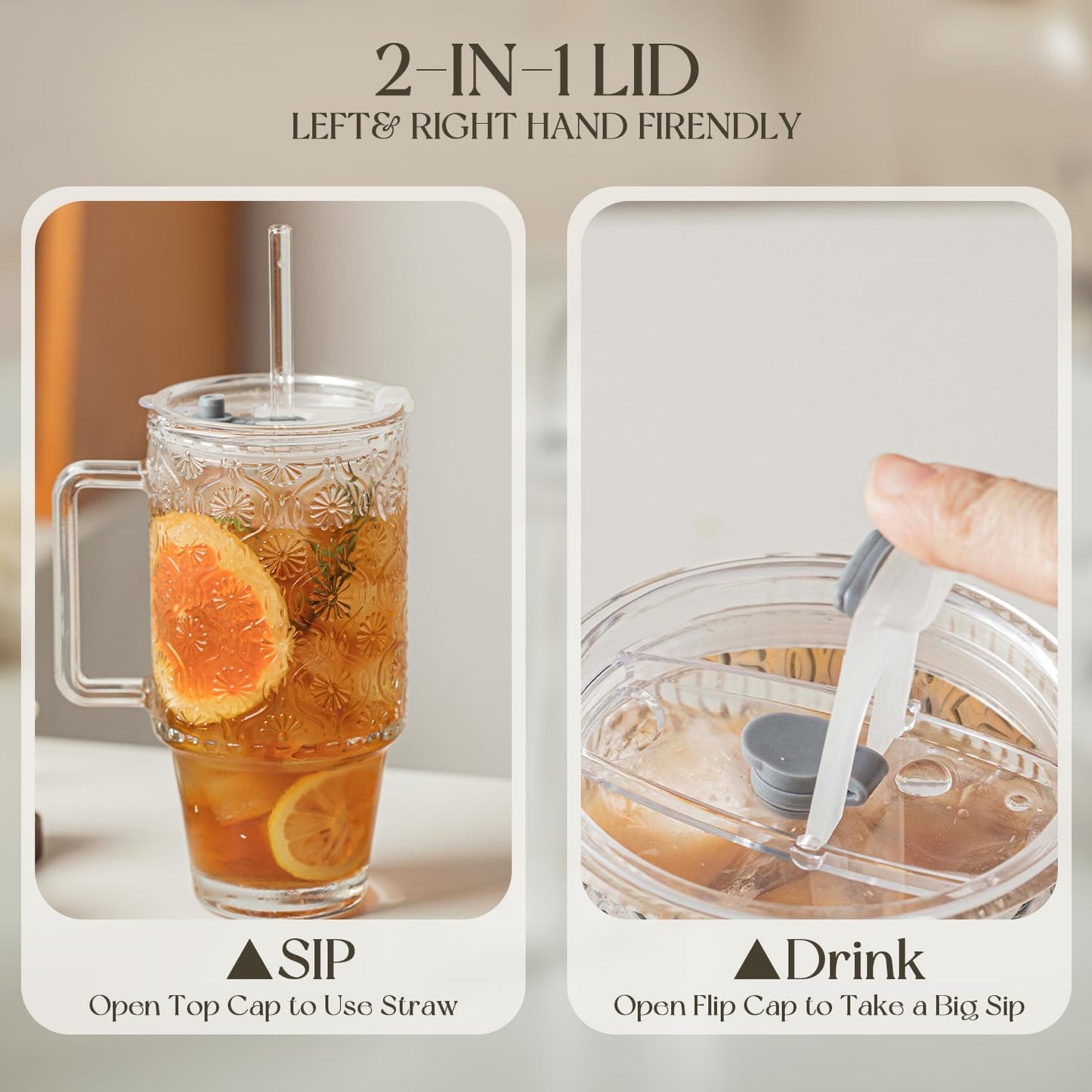 KEMORELA 24 Oz Glass Tumbler with Straw and Lid, Iced Coffee Cups with Lids, Smoothie Cup with Handle, Begonia Pattern Glassware for Cold Drinks, Reusable Tumbler for Beverages (1)