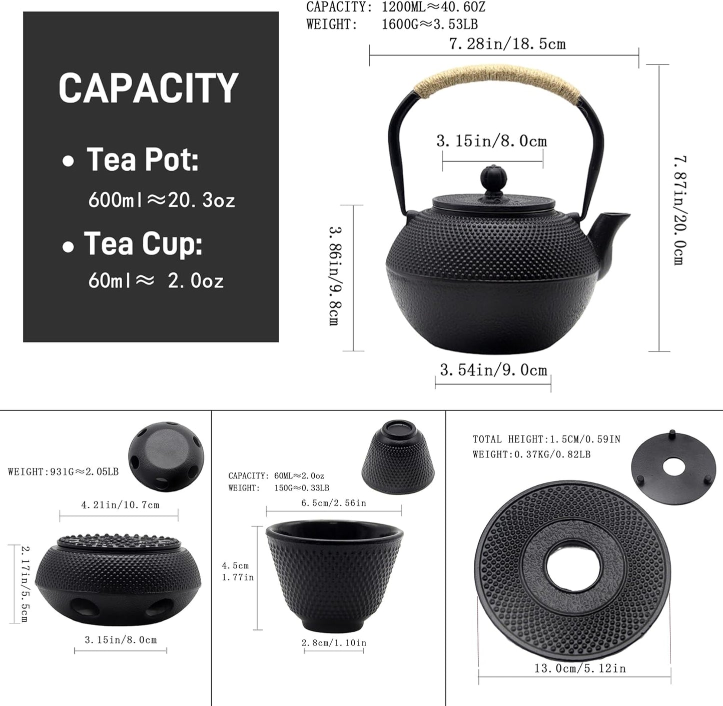 40.6oz Cast Iron Teapot Set with Cast Iron Warmer, Japanese Tetsubin Tea Kettle Set with Cups,Cast Iron Teapot with Stainless Steel Infuser and Enameled Interior for Stovetop Safe(1200ml)