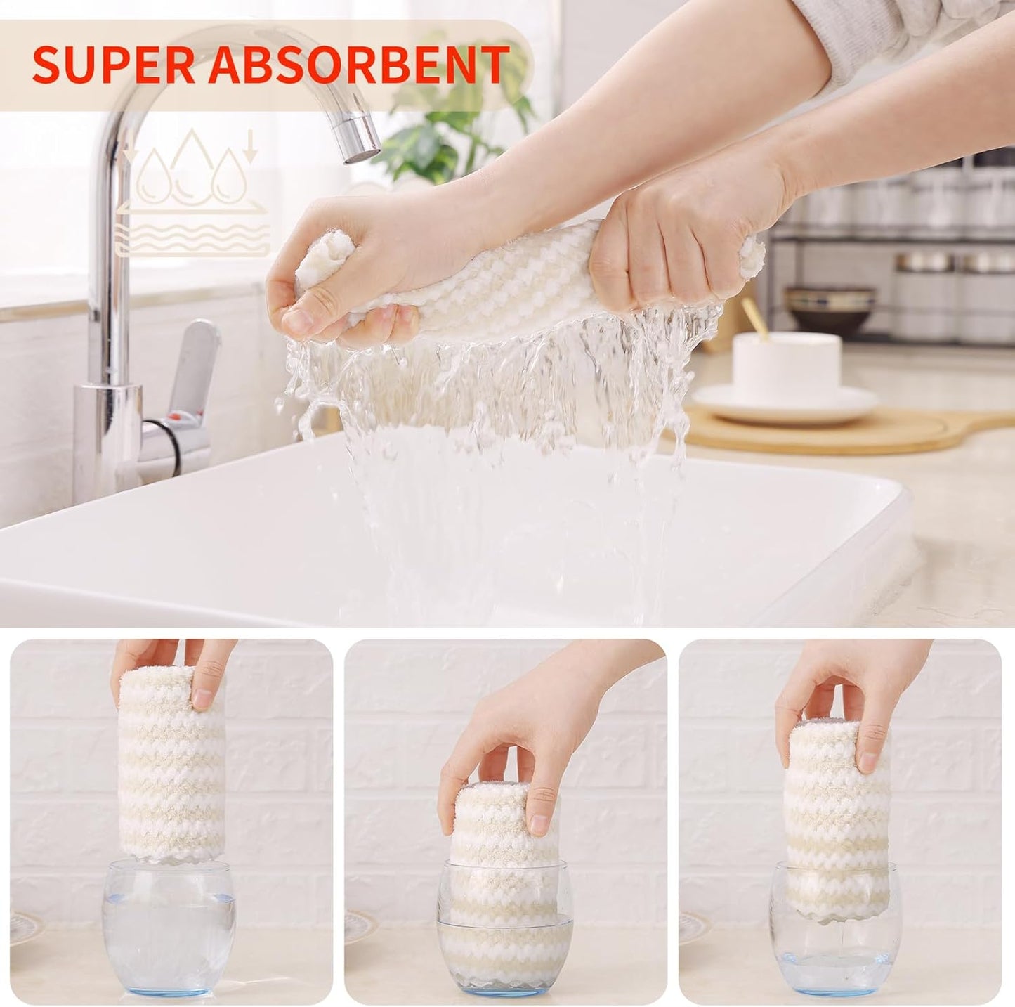 Homaxy 24 Pack Kitchen Dish Cloths, Ultra Soft and Absorbent Dish Towels, Reusable Fast Drying Microfiber Cleaning Cloth, Coral Velvet Wave Design No-lint, 10 x 10 inches, Beige