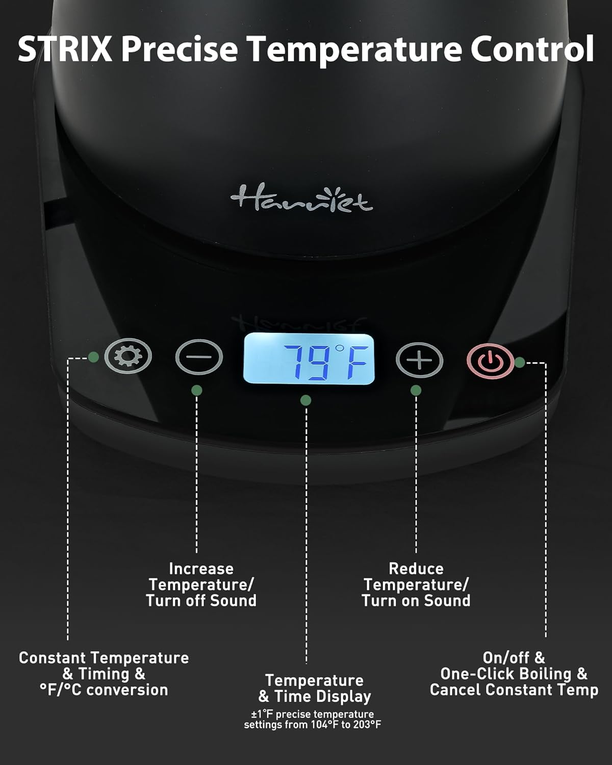 Harriet Gooseneck Electric Kettle - 1200W Fast Heat, 0.8L Stainless Steel, Precision Temp Control & Timer, Wood Handle, Pour Over Coffee and Tea, Black