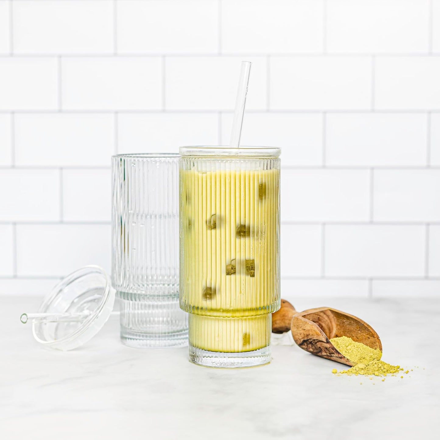 All Glass Iced Coffee Cup with Lid and Straw (16oz striped)