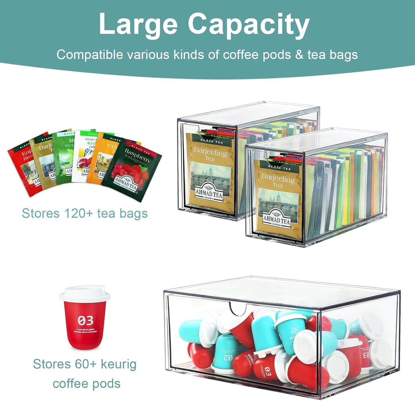 4 Tea and Coffee Organizer and Storage, Acrylic Tea Bag Holder Organizer, Plastic K Cup Drawer Container for Cabinet