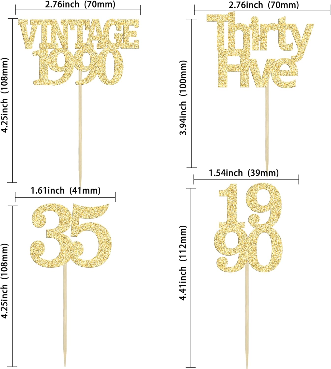 Gyufise 24Pcs Happy 35th Birthday Cupcake Toppers Glitter Thirty Five 35 Fabulous Vintage 1990 Cupcake Picks for 30th Birthday Wedding Anniversary Party Cake Decorations Supplies Gold