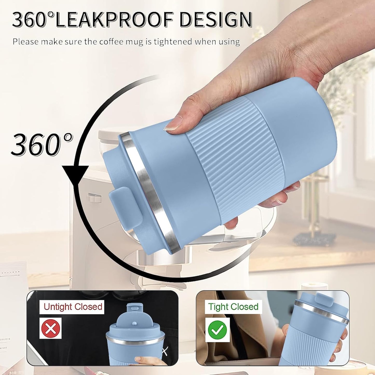 YINBAOGE Insulated Travel Coffee Mug Spill Proof Leak Proof Pobtable To Go Camping Stainless Steel Coffee Tumbler Reusable Coffee Cups with Lids Thermos for Hot and Cold Drink (Light blue, 17 OZ)