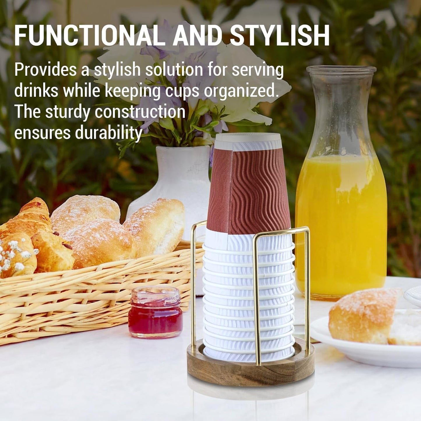 MyGift Premium Acacia Solid Wood and Brass Tone Metal Wire Countertop Plastic Cup Holder, Guest Drink Station Storage, Dispenser for Disposable Coffee Cups