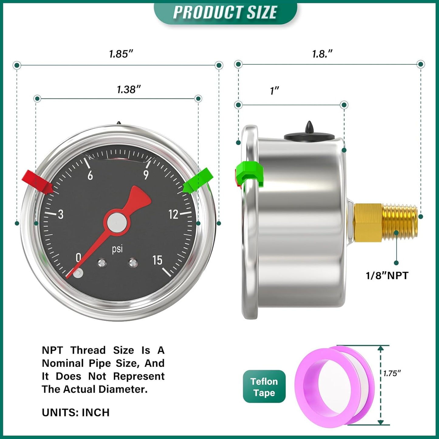 0-15PSI Stainless Steel Glycerin Filled Pressure Gauge 1.5" Black Dial Size, 1/8" NPT Back Mount, for Tube, Water Pump, Gas, Liquid, Pressure Test (with Range Mark Pointer)