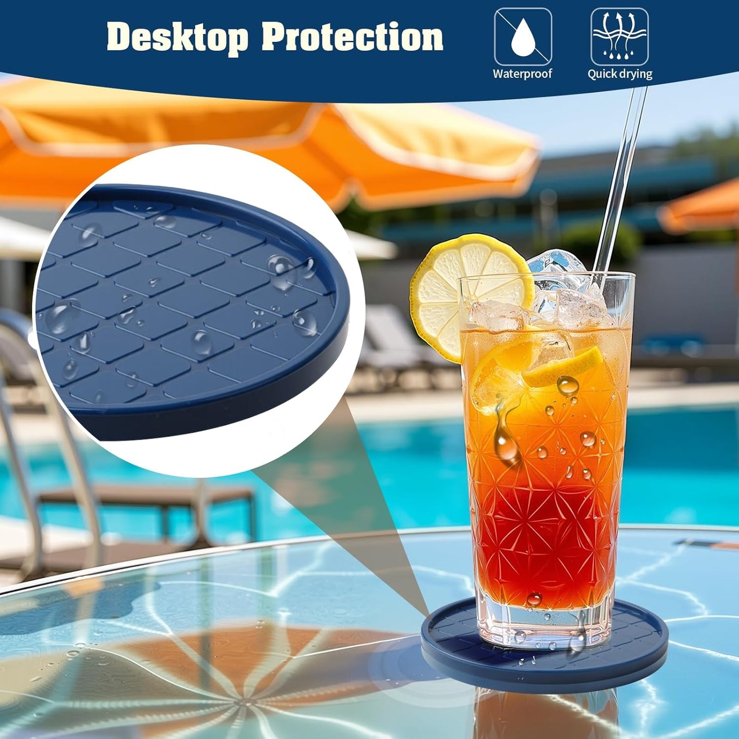 Coasters Set of 6,Hot or Cold Drink Coasters with Holder,Modern Style Coffee Table Coaster,Suitable for Kinds Cups Beer,Drink,Anti-Overflow Tabletop Protection(Navy Blue, 6pcs)