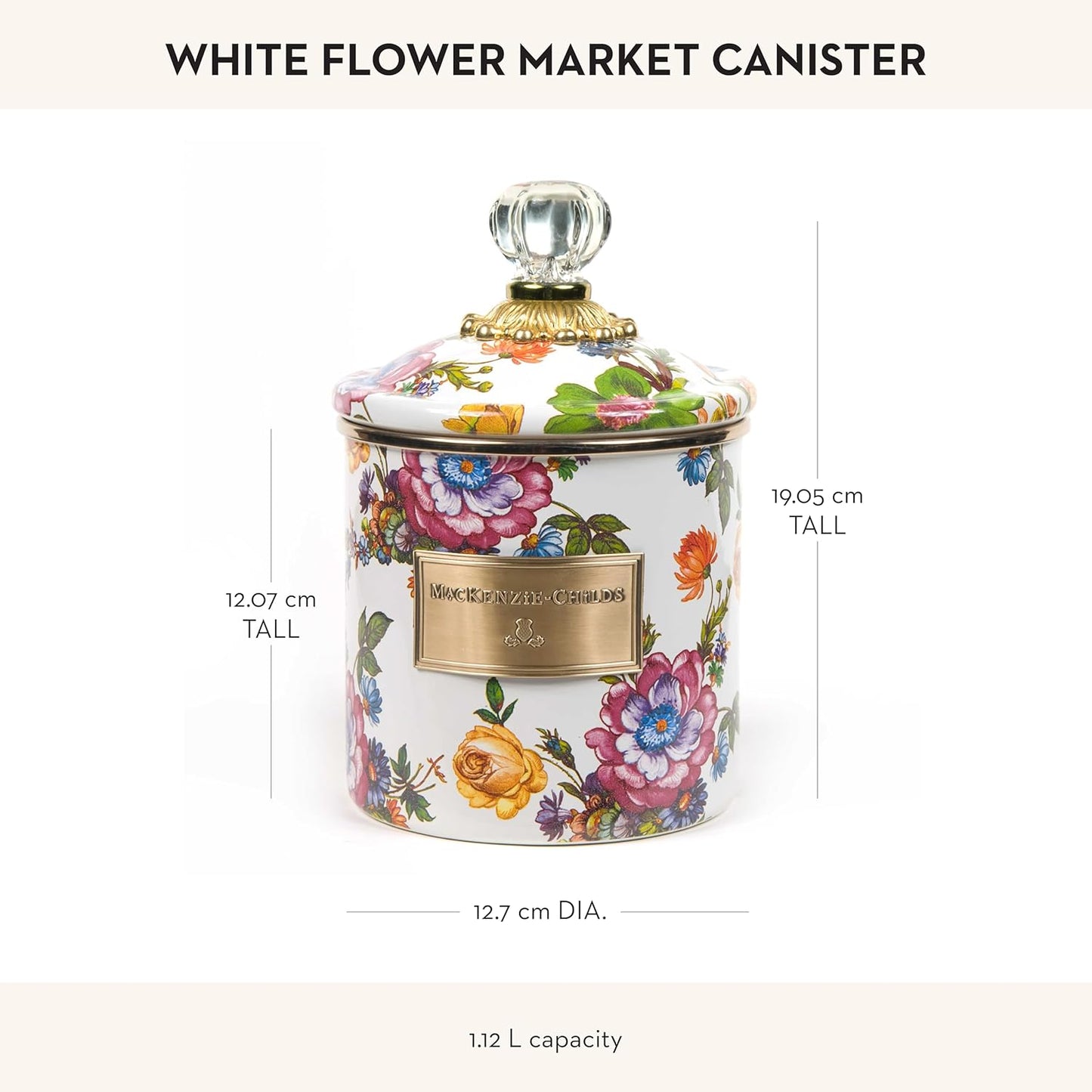 MACKENZIE-CHILDS Small Enamel Canister, Kitchen Storage Container for Flour and Sugar, 1.13 Liters, White Flower Market