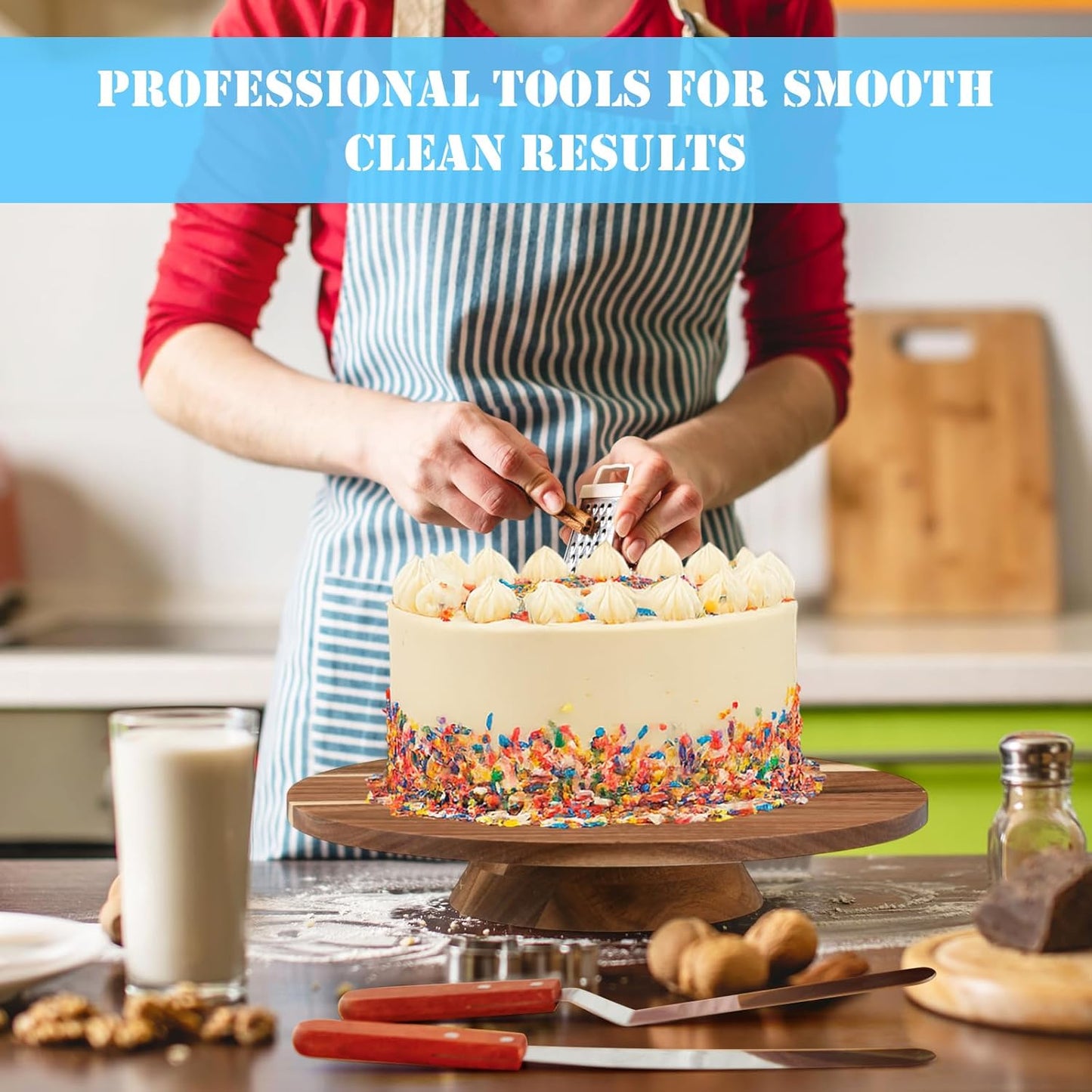 Remerry 61 Pcs Cake Decorating Kit with 12" Wooden Cake Stand Turntable Includes Piping Tips, Spatula, Coupler, Offset & Straight Spatulas, Silicone Mat Baking Tools for Beginners and Professionals