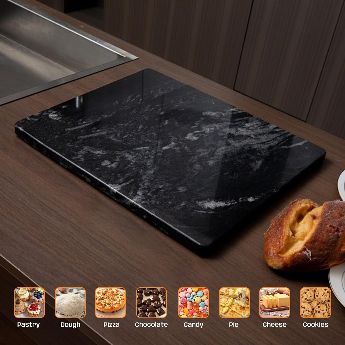 Black Marble Cutting Board For Kitchen, Large Marble Slab Pastry Board With Non-Slip Feet For Baking, Cheese, Charcuterie, Chocolate, 16x20 Inch