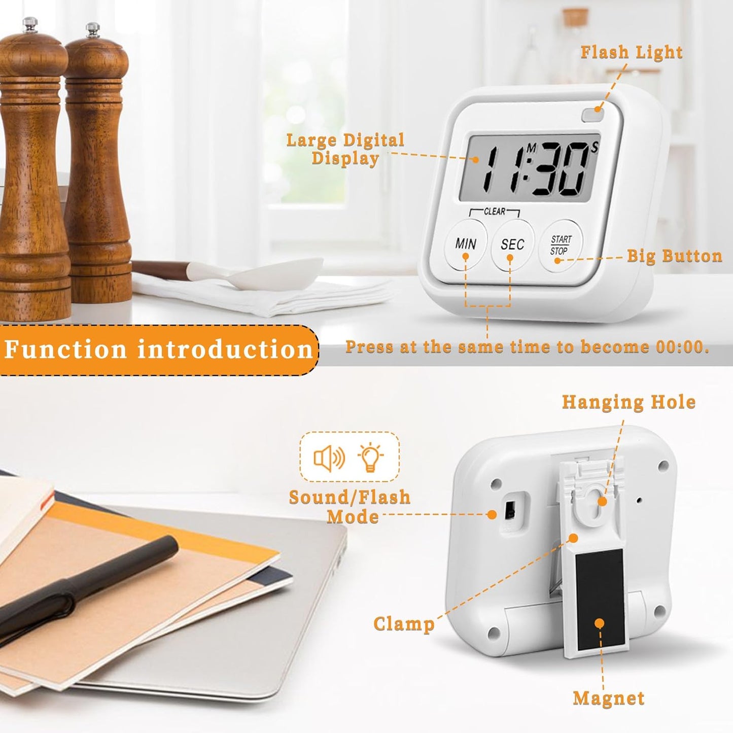 Timer, Kitchen Timers for Cooking Classroom Timer for Kids Teachers Digital Magnetic Timers 2 Pack, White