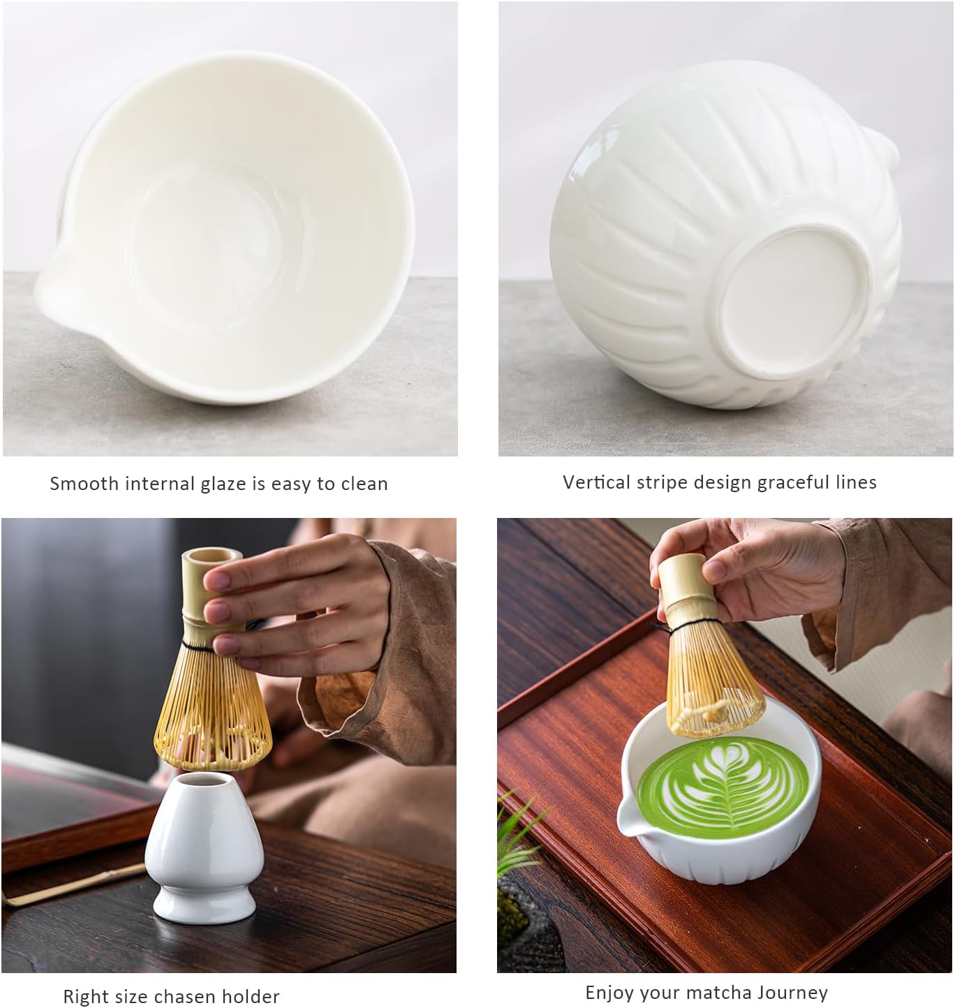 TANG PIN Matcha Set - Match Bowl and Whisk,15 OZ, Matcha Scoop | Matcha Whisk Stand (Chasen Holder) - 4pc Perfect Matcha Kit for Matcha Tea Ceremony (White)