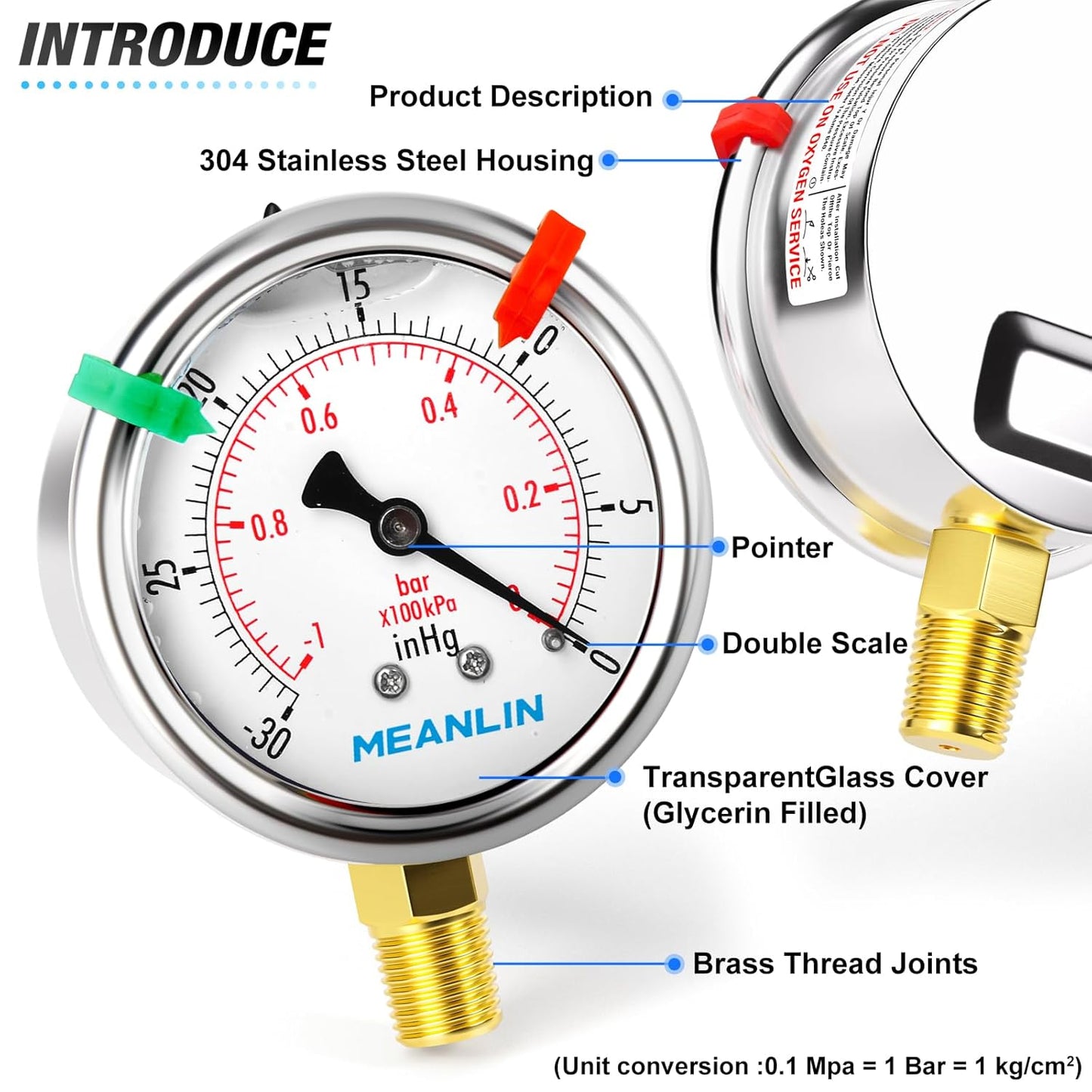 MEANLIN MEASURE -30inHG~0Psi Vacuum Pressure Gauge 1/4" NPT 2.5" FACE DIAL, Stainless Steel Liquid Filled Pressure Gauge WOG Water Oil Air Lower Mount (with 2PCS Snaps)