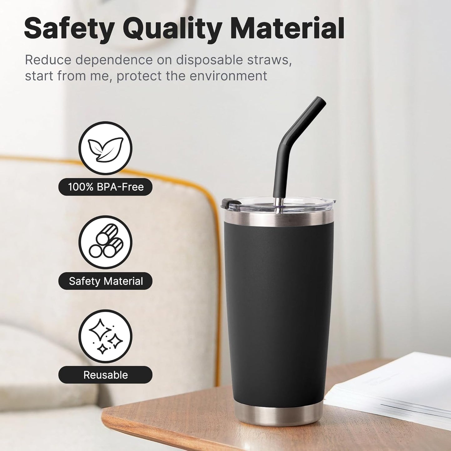 Metal Straws for 20 oz YETI, Stanley Cup, 5 Pcs Stainless Steel Straws with Silicone Tip for Simple Modern CIVAGO, ALBOR, BJPKPK 20 oz Tumbler, Cleaning Brush, 1 Portable Bag