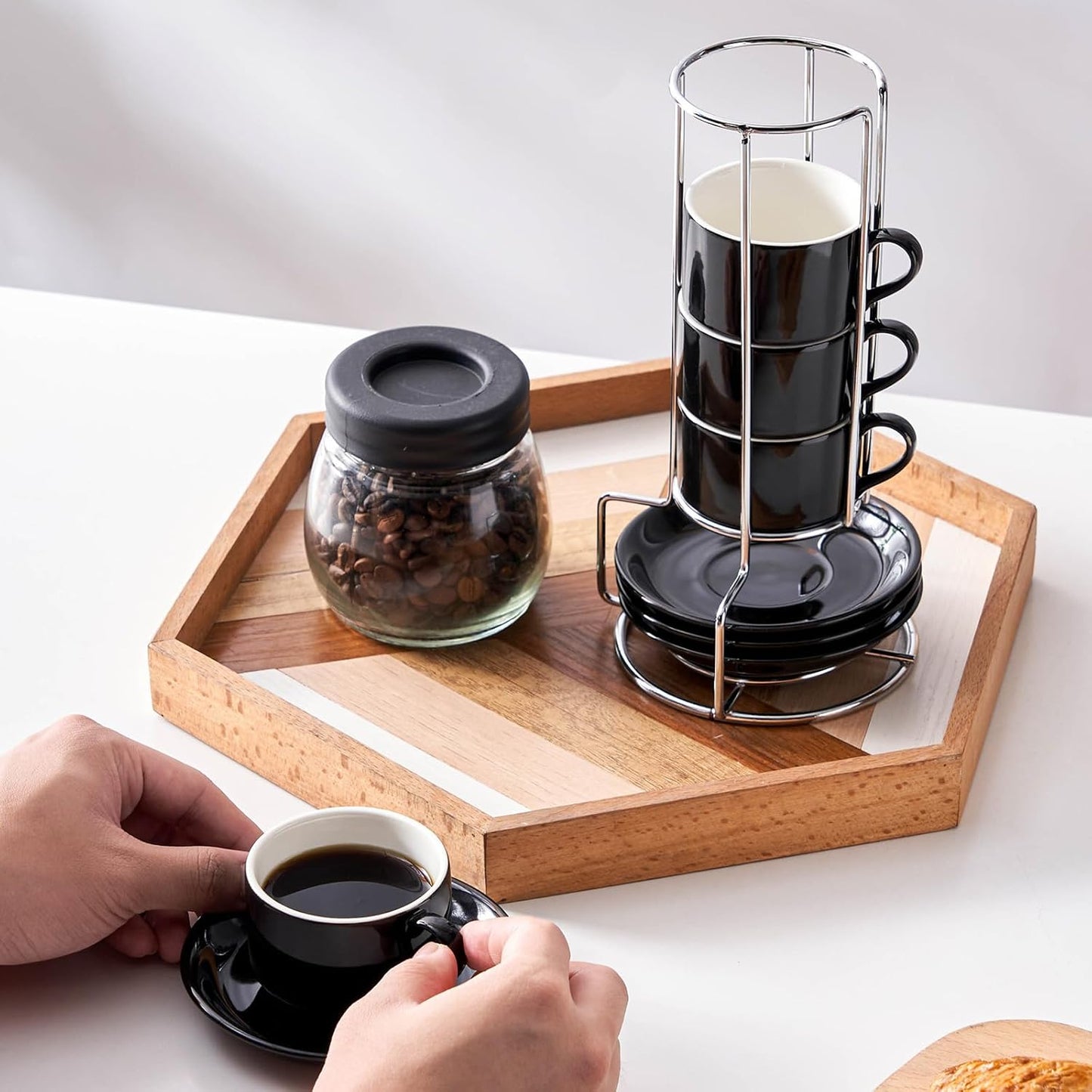 2.5 Ounce Porcelain Espresso Cups with Saucers and Silver Stand, Black Stackable Cups Set of 4