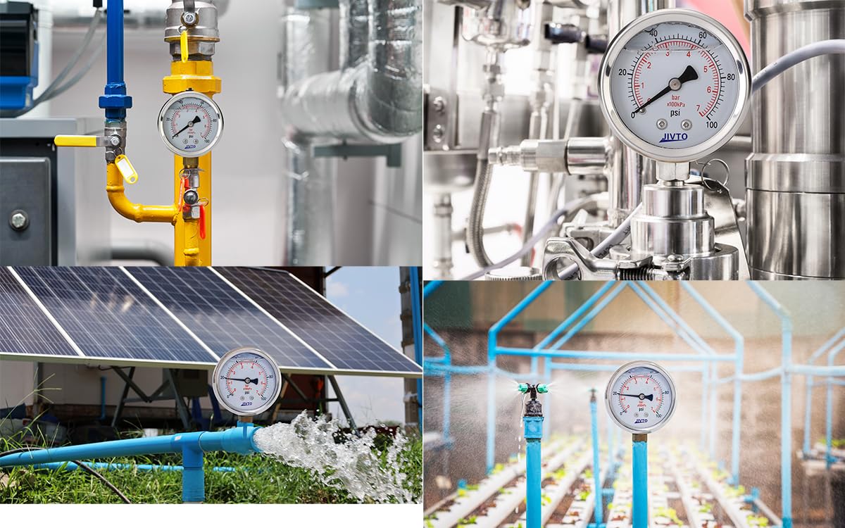 Pressure Gauge,Liquid Filled,2-1/2" Dia,0-30 psi/bar/kpa,1/4" NPT Back Mount, Polycarbonate Lens Window, Stainless Steel case