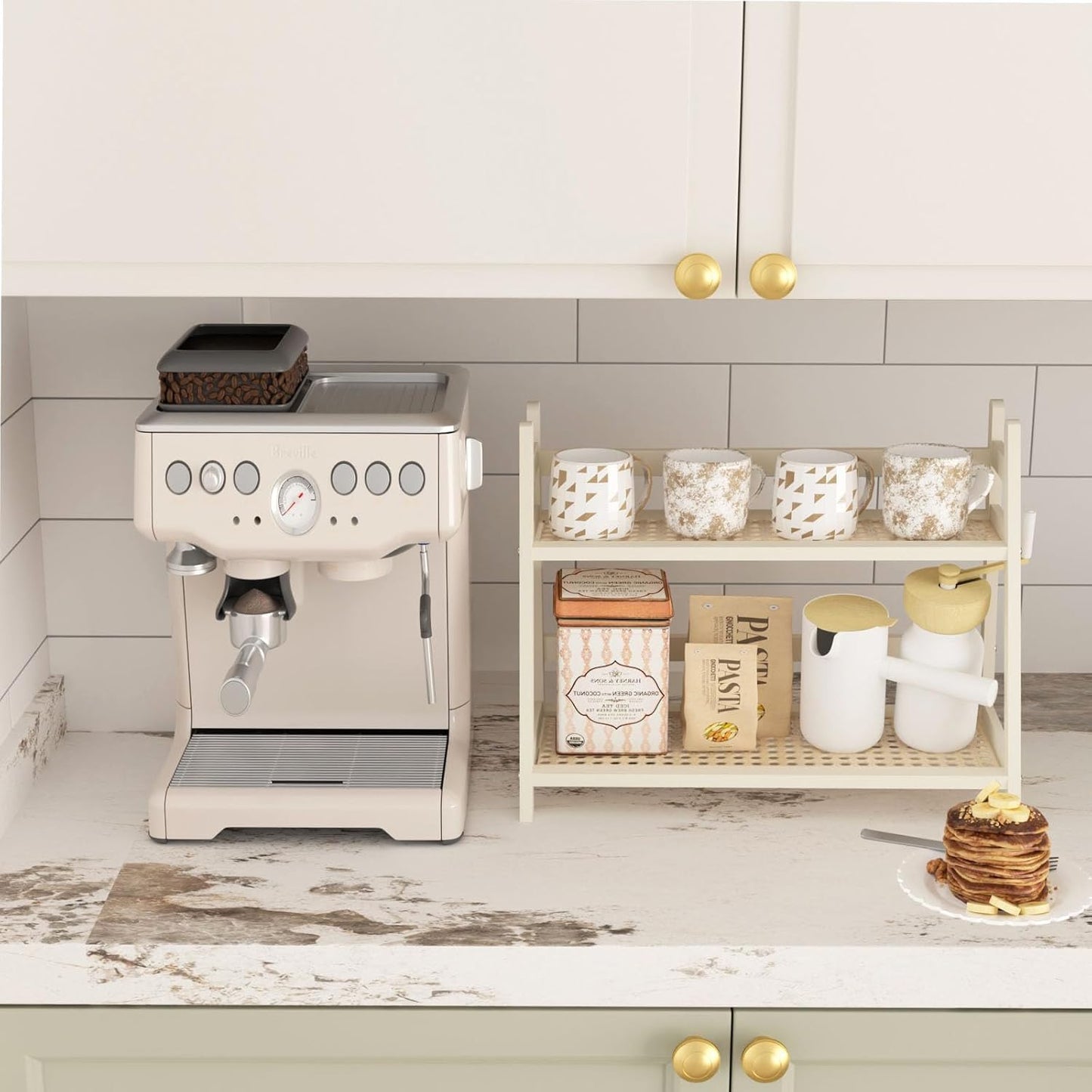 Wicker-Look Coffee Station Organizer, Bamboo Mug Holder Countertop, Kitchen Counter Shelf for Tea Coffee Bar Accessories, Matcha Stand, Cup Display, Condiment Storage Rack, 2 Tier, White