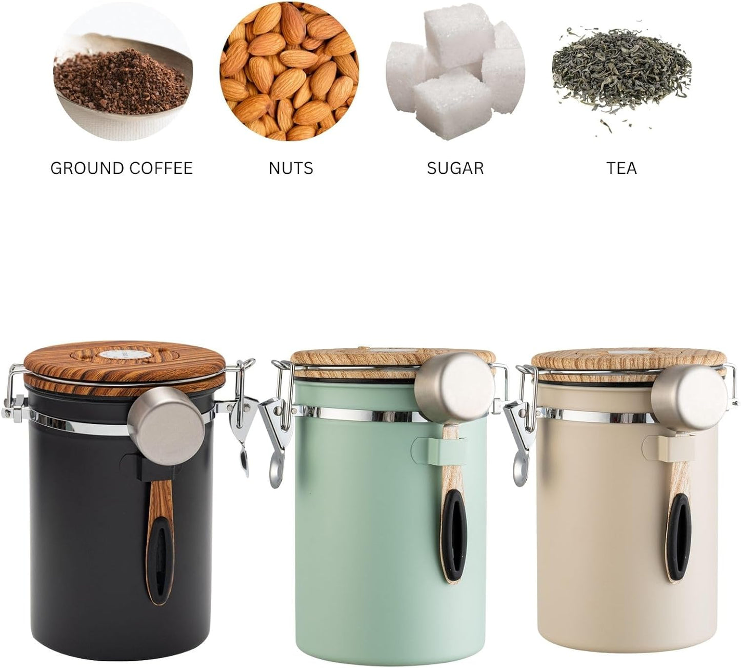 Airtight Coffee Canister 1.8L with Wooden Lid Scoop Set, 304 Stainless Steel Food Storage Container with CO₂ Valve, for Beans, Grounds, Tea, Sugar, Flour, Nuts (Green,1.8L)
