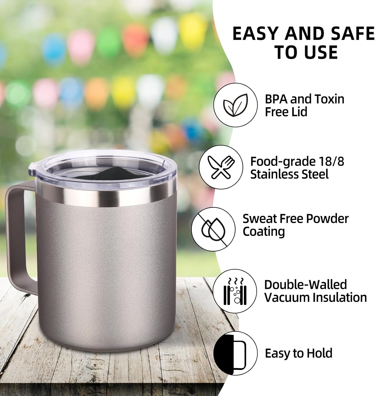 Volhoply 14oz Insulated Stainless Steel Coffee Mug with Leakproof Lid,Double Wall Vacuum Travel Coffee Cup with Handle,Reusable Metal Cups Tumbler, Camping Mugs Keep Hot/Cold,Ideal Gifts(Gray,1 Set)