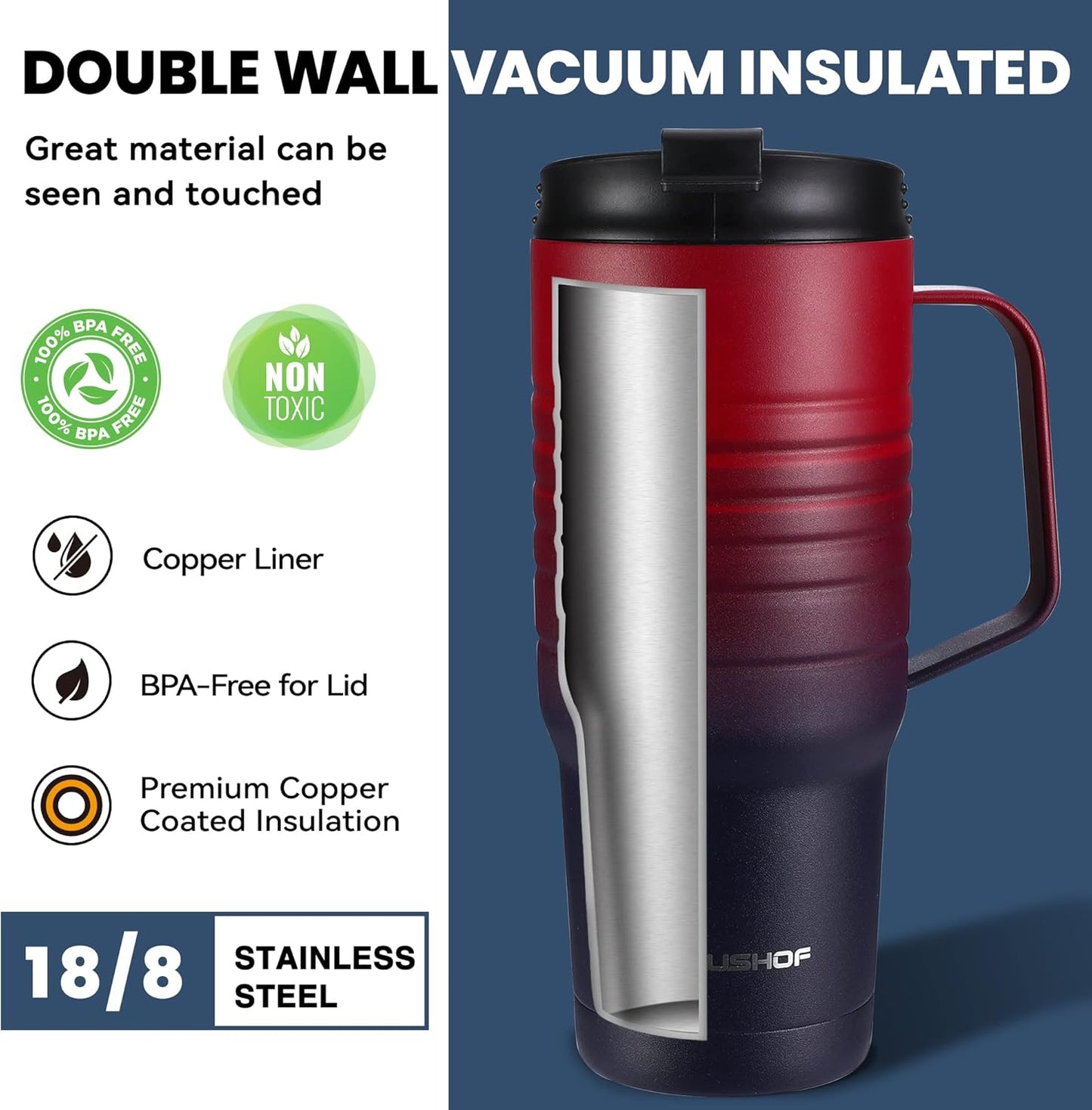 HAUSHOF 24 oz Travel Mug with Handle, Stainless Steel Vacuum Insulated Coffee Travel Mug, Double Wall Travel Mugs with Leakproof Lid, BPA Free