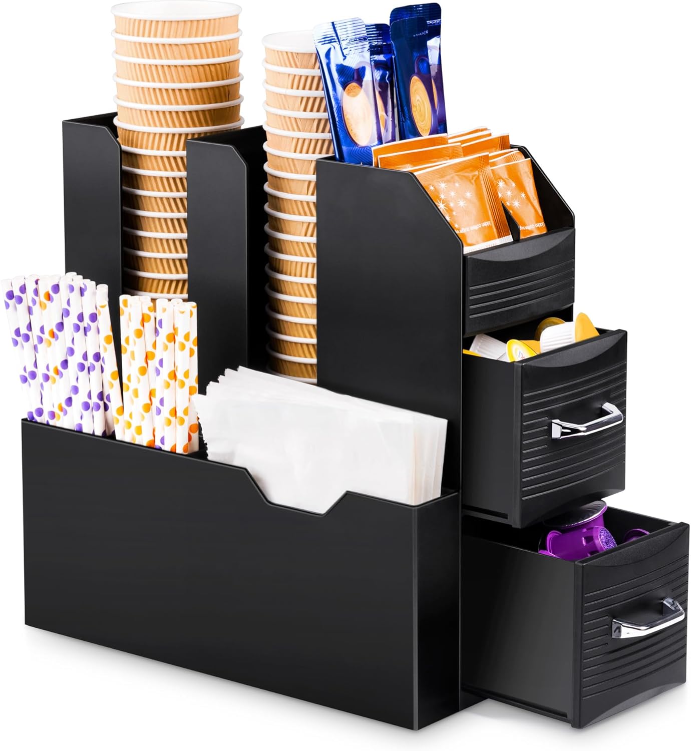 SZQINJI Coffee Condiment Organizer 11-Compartment Breakroom Coffee Station Organizer Countertop Cup Storage with 2 Drawers Black