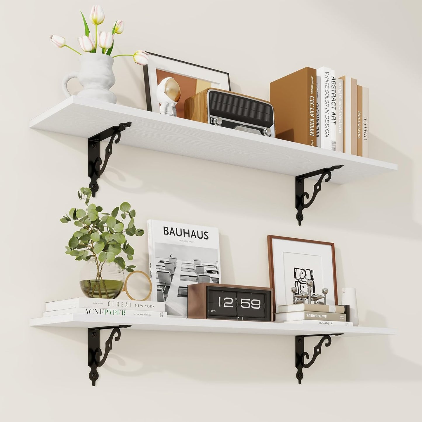 RICHFOCUS Floating Shelves for Wall Decor, 35.4W x 8D Wall Shelves Set of 2, 8 Inch Deep Rustic Wood Shelves Wall Mounted with Brackets, Long Floating Shelves for Living Room Bedroom Kitchen, White