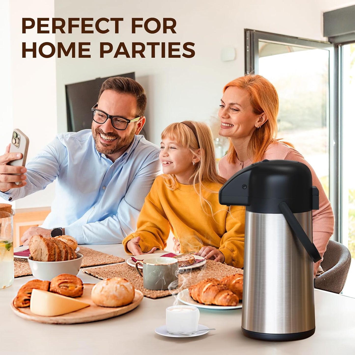 Coffee Carafe for Keeping Hot - 64OZ / 1.9L Airpot Coffee Dispenser with Pump - Large Coffee Thermos for Hot Drinks Tea Liquid - Insulated Stainless Steel Hot Water Beverage Dispenser Urn for Parties