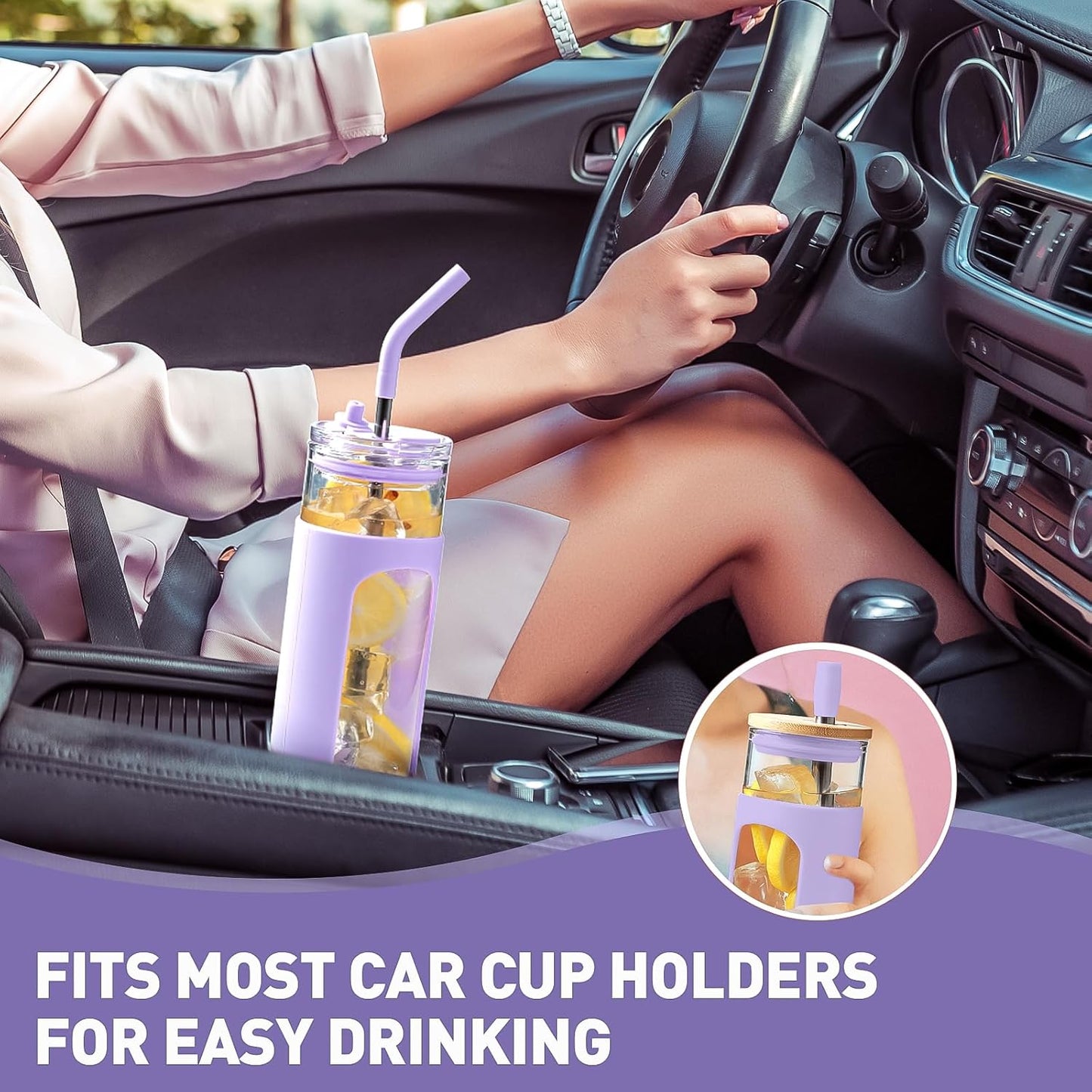 Kodrine 24oz Glass Tumbler with 2 Lids and Straws, Glass Cup With Bamboo Lid and On-the-go Lid, Reusable Iced Coffee Cup, Ideal for Smoothie, Cold Drinks, Fit Cup Holder, BPA Free (1, Purple)