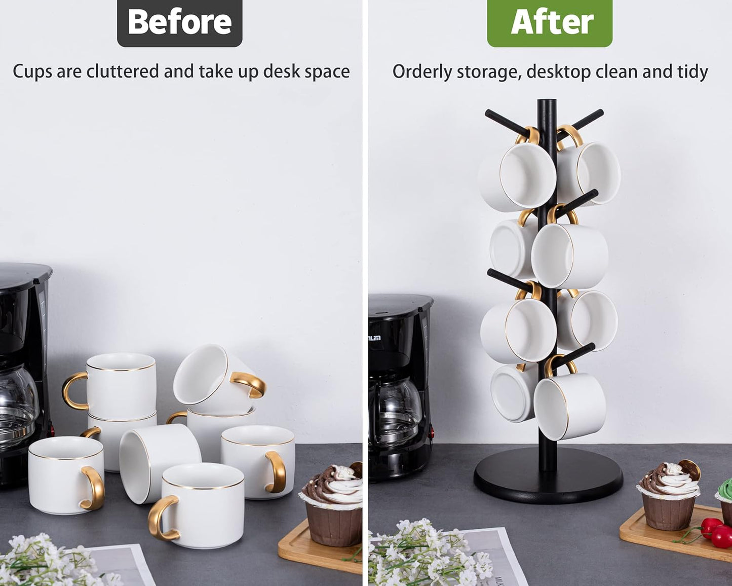 MyLifeUNIT Mug Holder Tree, Black Coffee Cup Holder with 8 Hooks, Wood Mug Hanger Stand for Counter
