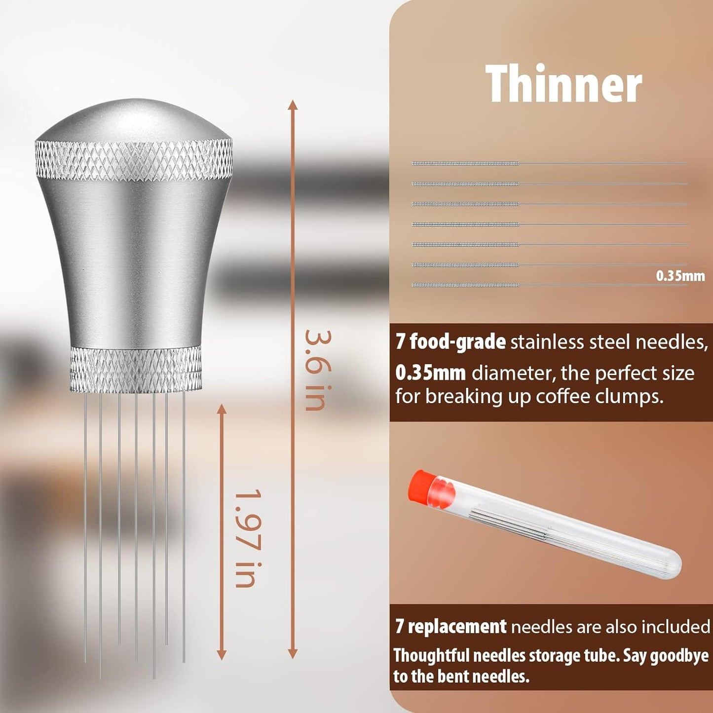 WDT Espresso Distribution Tool Espresso Stirrer Tools for Barista, 0.35mm 7 Needles Espresso Coffee Stirrer with Extra 7 Replaceable Needles, Aluminum Alloy Handle with Stand (Silver)